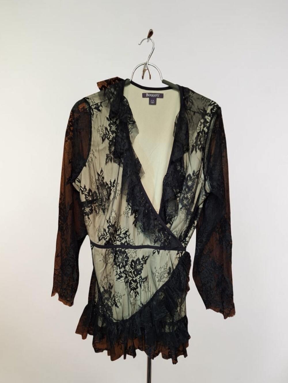 Roamans Plus Size 16W Black Lace Long Sleeve Wrap Around Top Fairycore Gothic